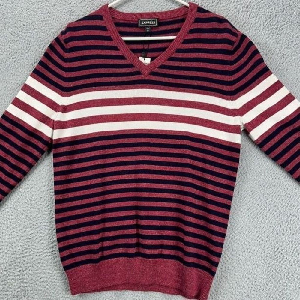 Express V-Neck Sweater Adult Medium Red Striped Long Sleeve Pullover Mens NEW